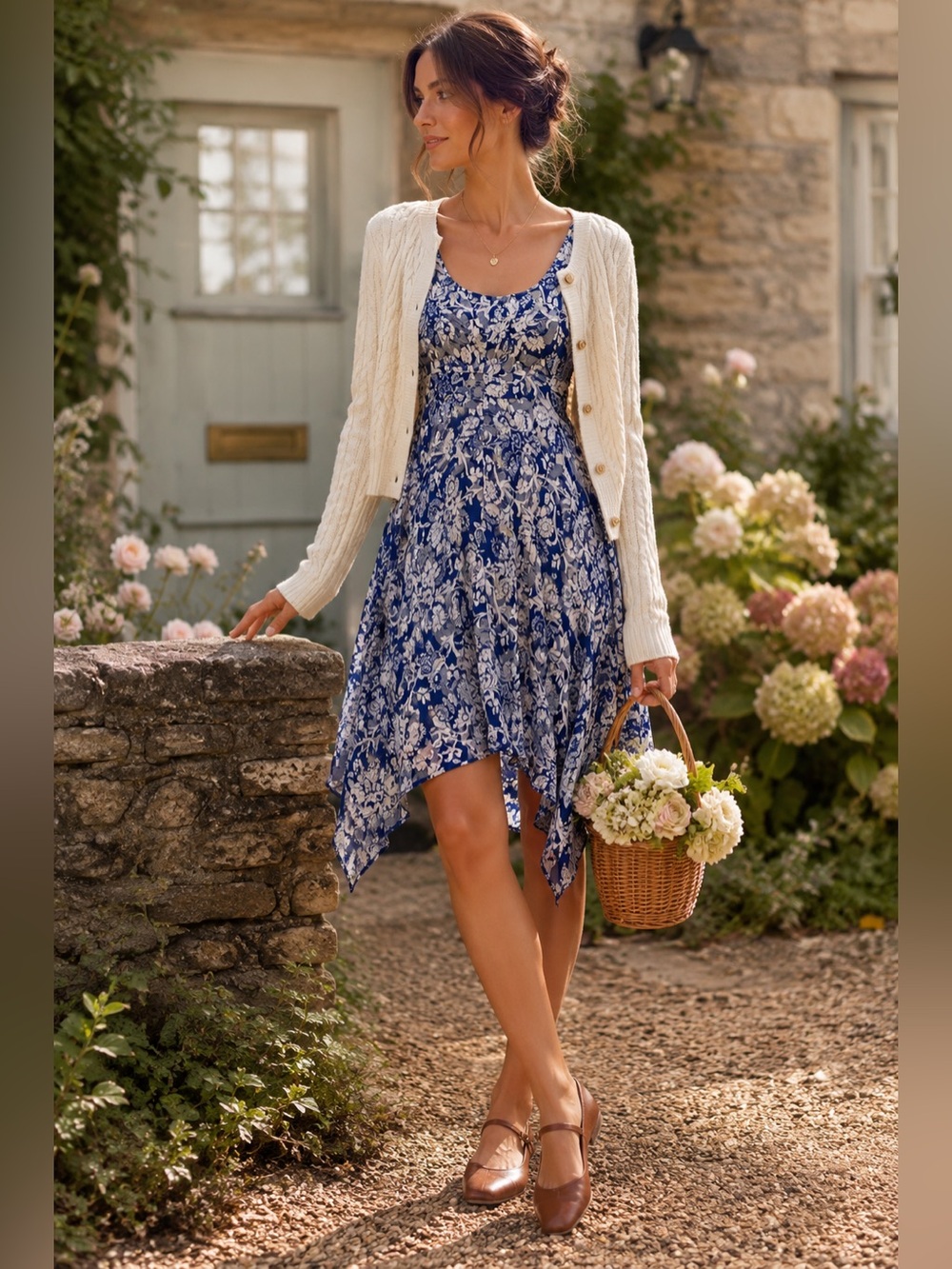 CAbi Floral Handkerchief Mini Dress XS Blue Ivory Fit Flare Romantic